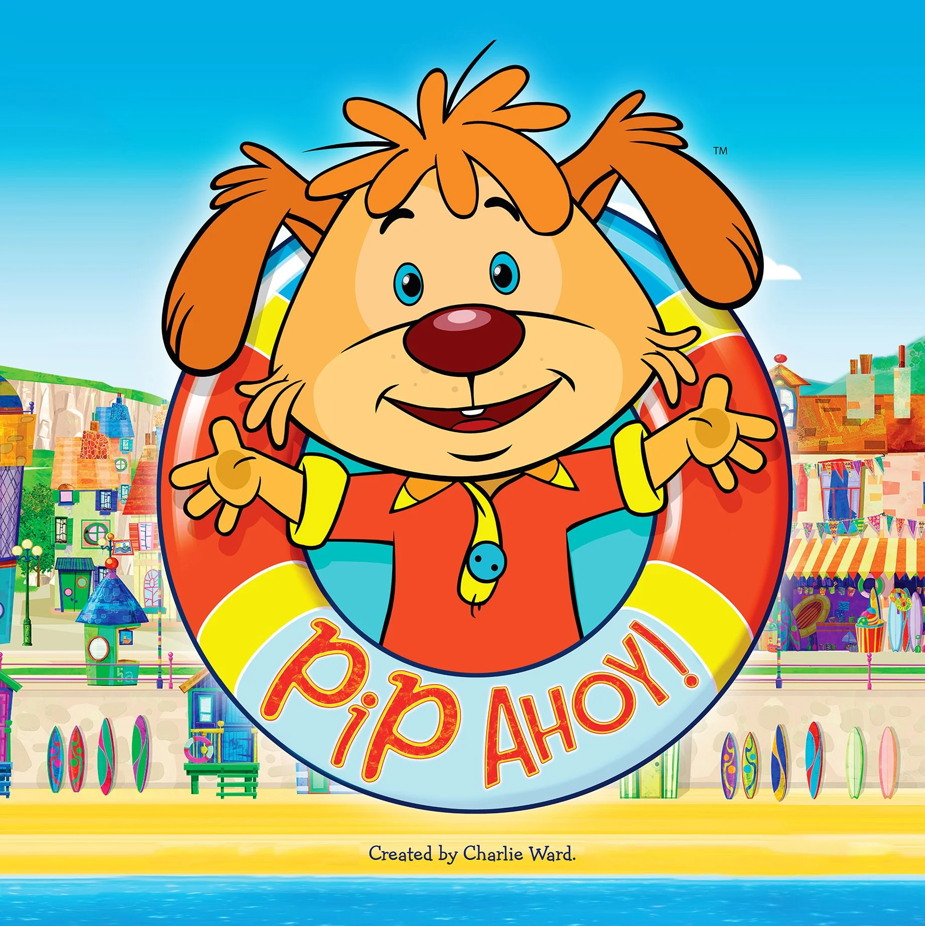 Colorful cartoon image of a cheerful dog character with orange fur and brown ears, wearing an orange and yellow shirt, inside a life preserver with the words 'Jump Aboard!' on it, set against a vibrant seaside town background.