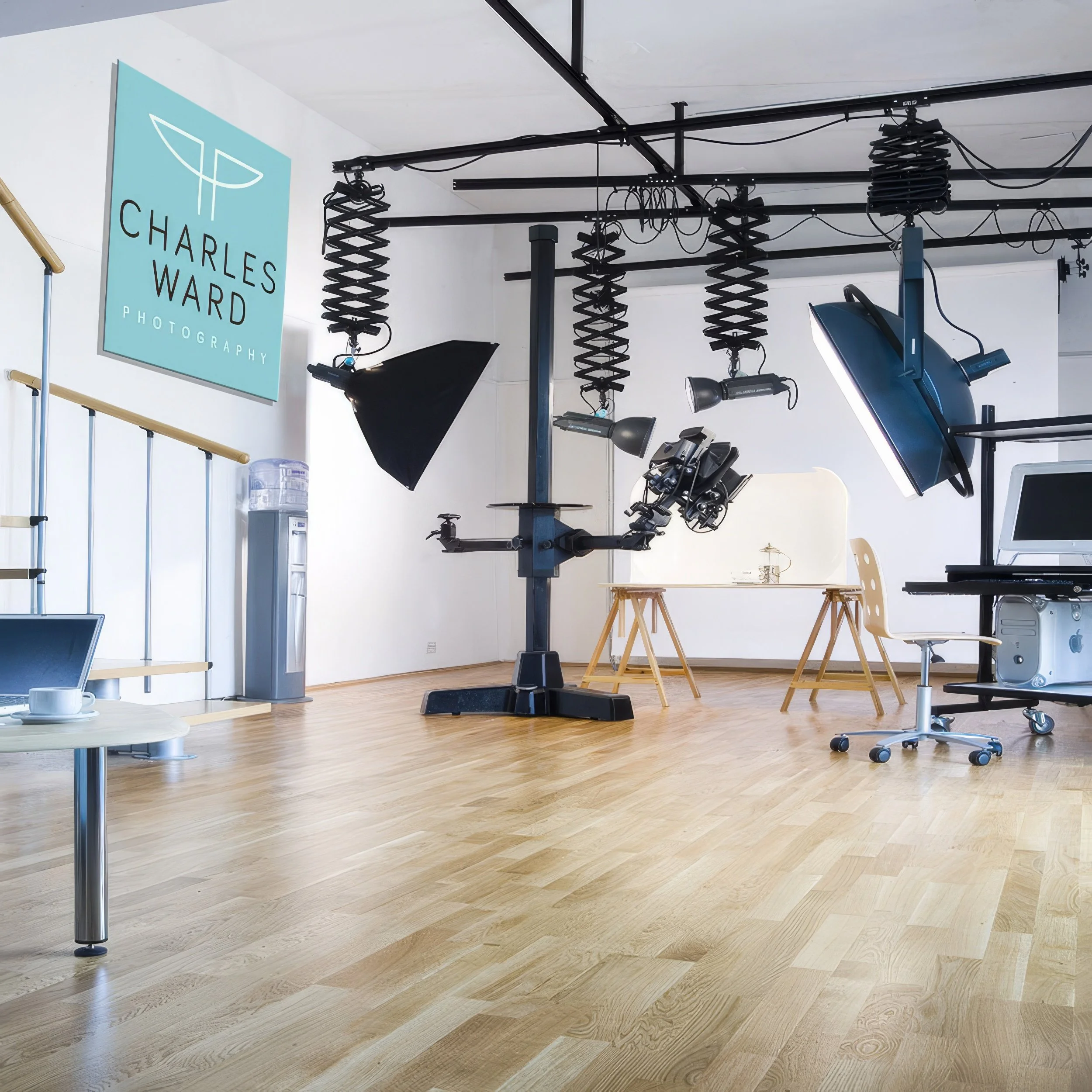 Charles Ward Photography's studio at Farm Studios Earls Barton, fully equipped with a Leaf DCB digital camera back on a Sinar P2 camera. The studio is also fitted with professional Broncolor lighting and Apple Mac computers and is ideal for products.