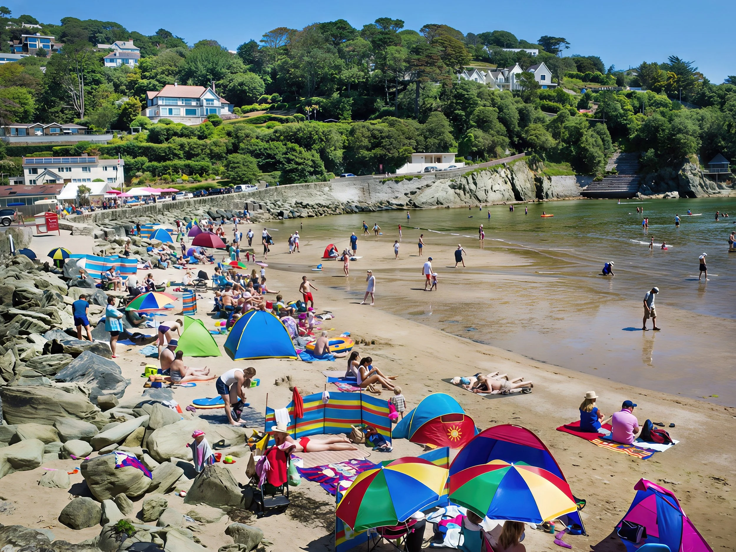 Crowded beach with people sunbathing, swimming, and playing, colorful umbrellas, rock formations, and a hillside with houses in the background on a sunny day.