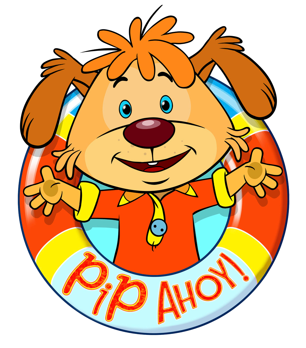 Cartoon dog with floppy ears and orange fur wearing an orange shirt, smiling with arms open, on a colorful lifebuoy with the text "Pip Ahoy!".