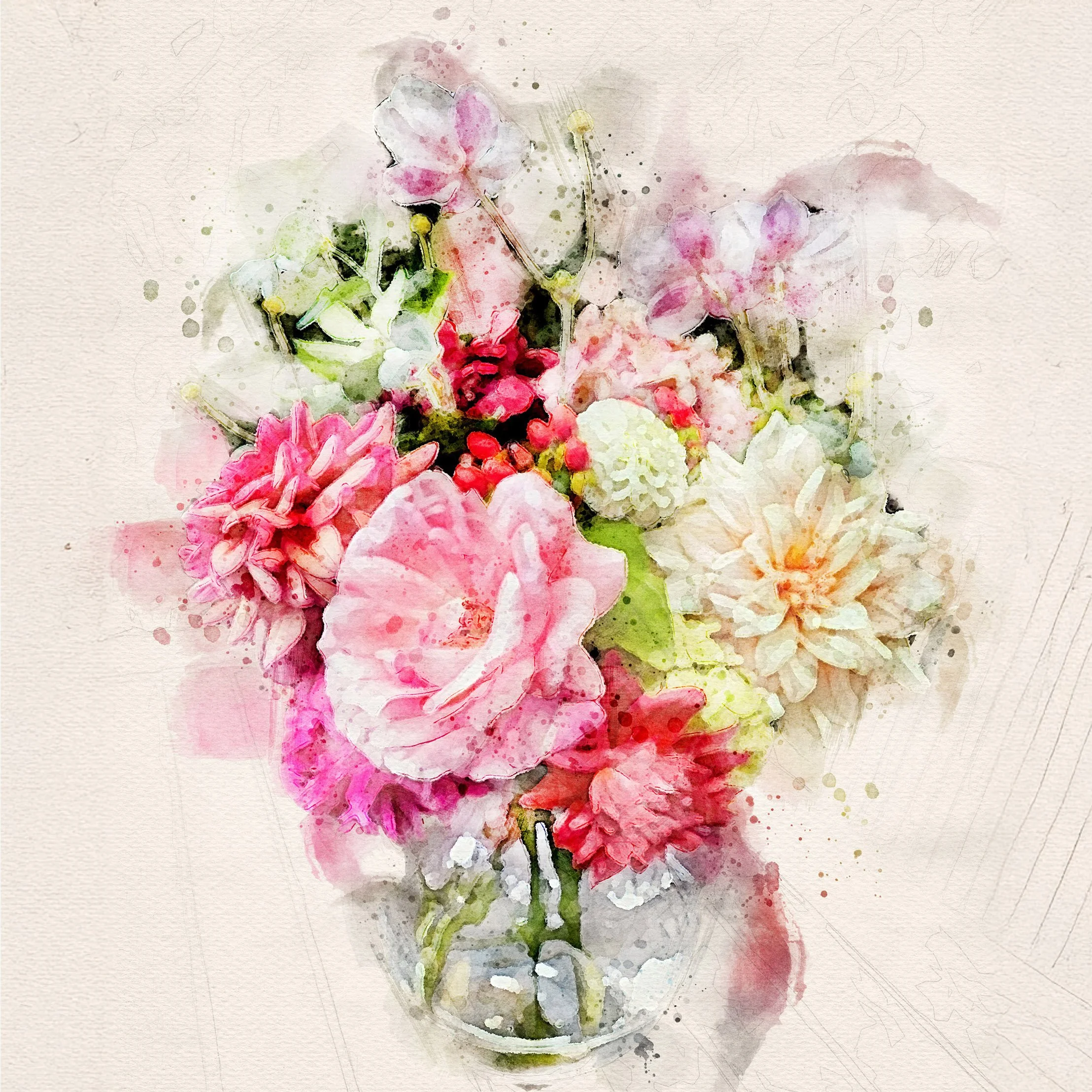 Watercolor painting of a bouquet of pink, red, peach, and white flowers in a glass vase.