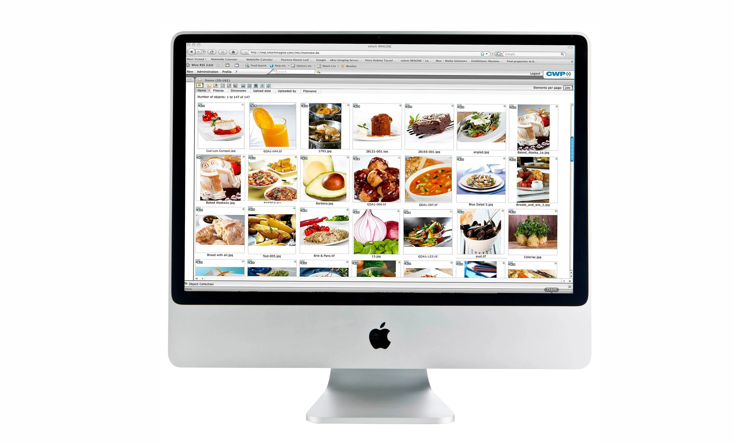 An Apple iMac computer screen displaying photo thumbnails of various foods and dishes in a photo management application.