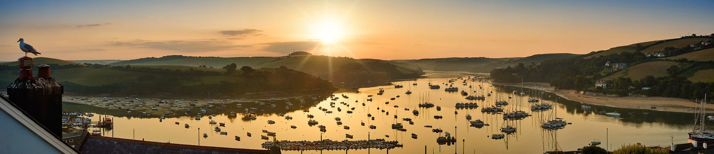 Sunset over a harbor filled with boats, with hills and a seagull perched on a chimney in the foreground.