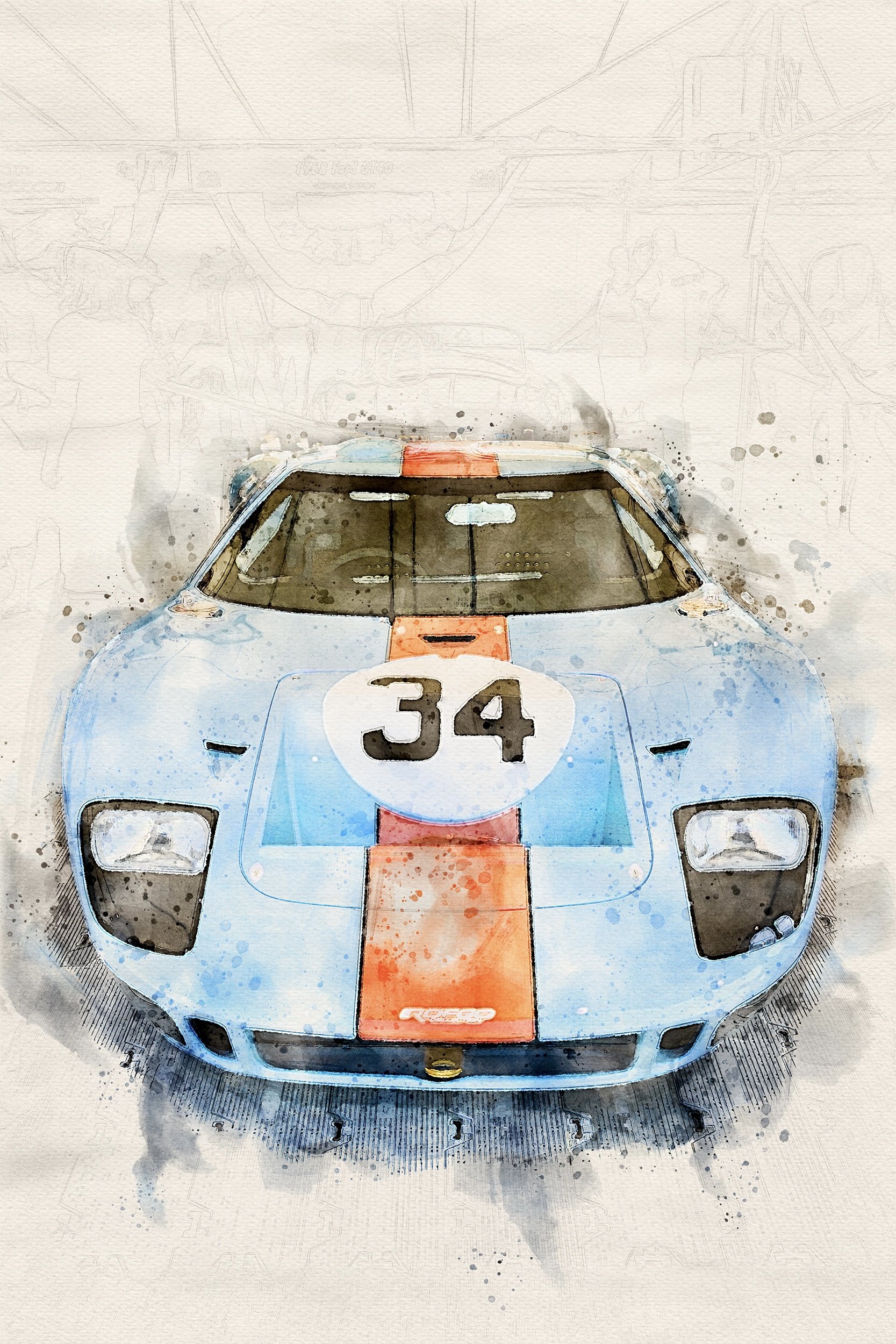 Watercolor painting of a classic racing car with the number 34 on the hood, predominantly light blue with an orange stripe down the center.