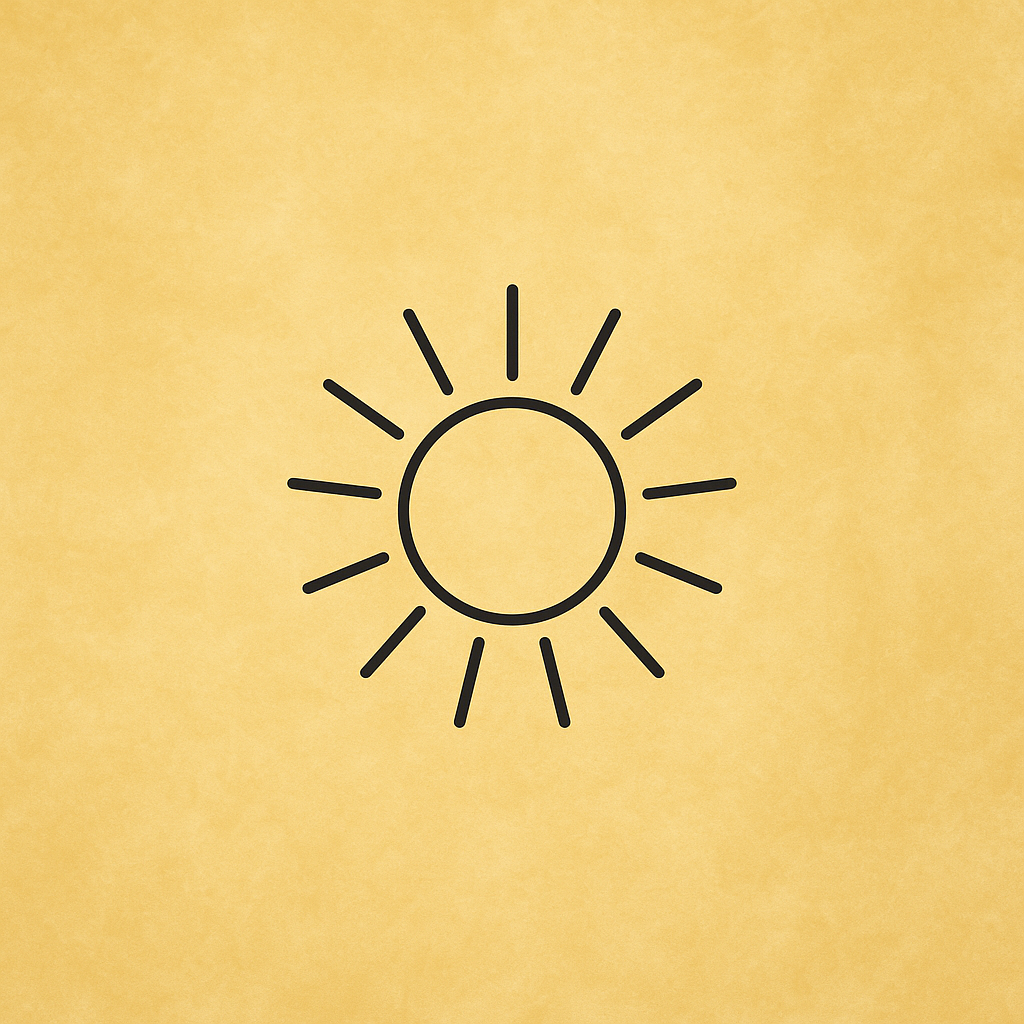 A minimalist sun sigil drawn in dark linework, centered inside a soft, golden parchment square. The design features a small circle with evenly spaced radiating lines, symbolizing warmth, clarity, and gentle illumination.