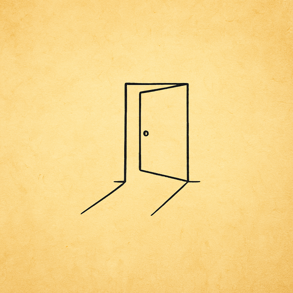 Image of a doorway with the door open on a golden parchment background.