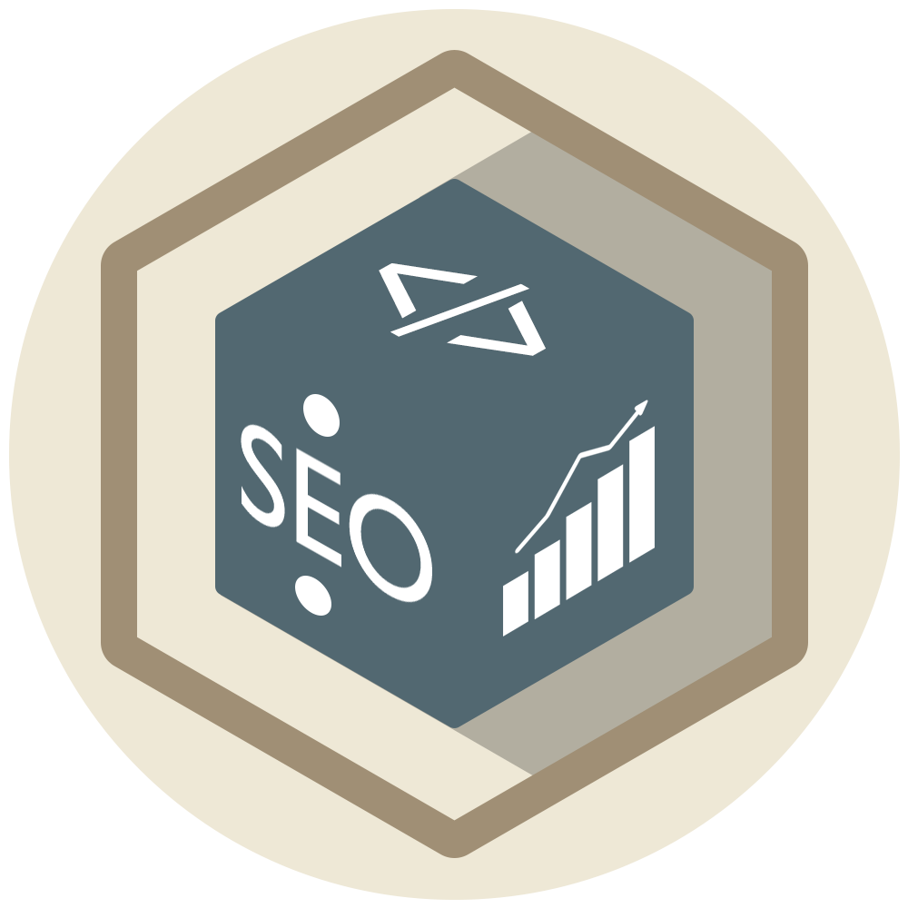 SEO graphic with code and growth chart icons in a hexagon shape.