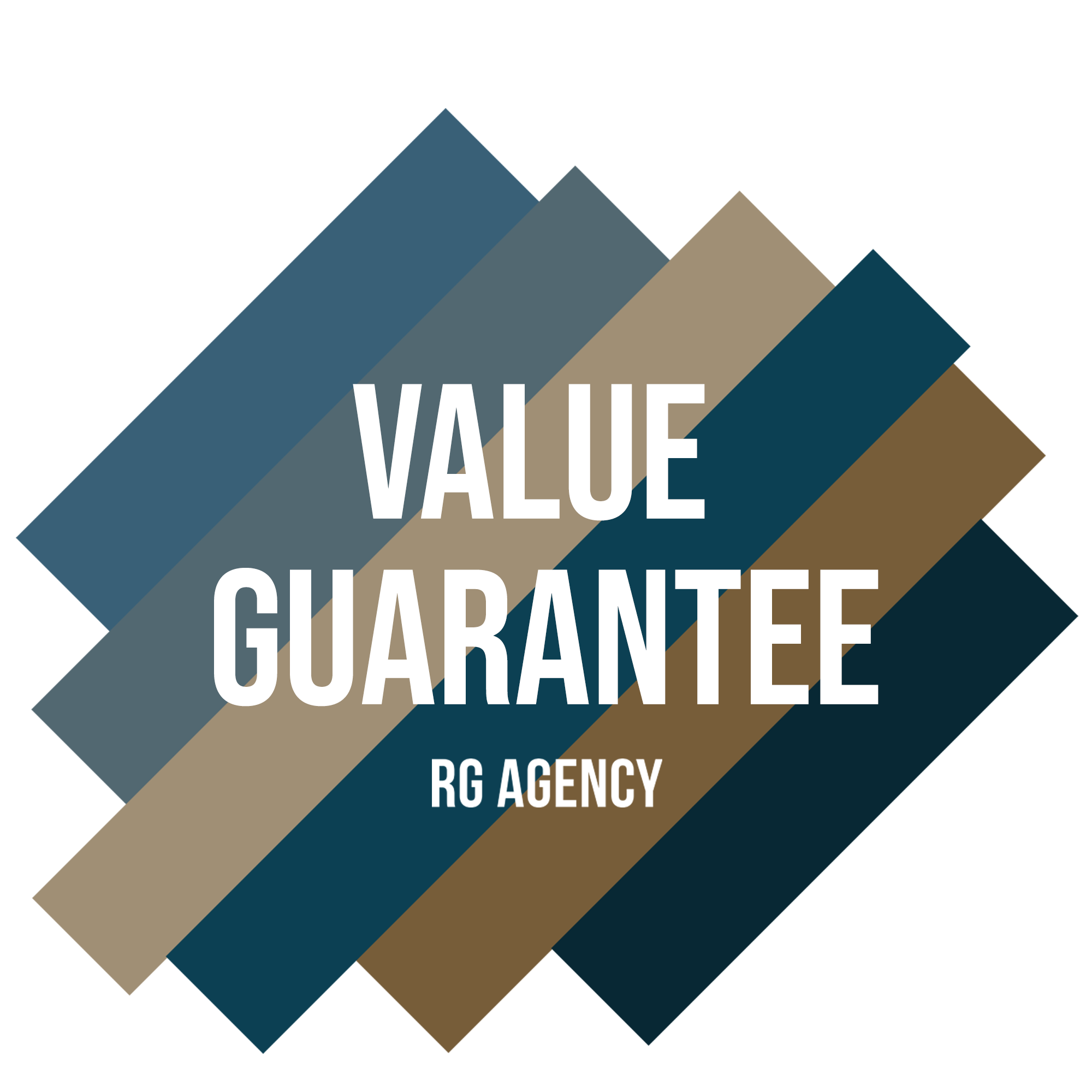Geometric design with angular lines in blue, gray, and beige tones, featuring text "Value Guarantee" and "RG Agency".