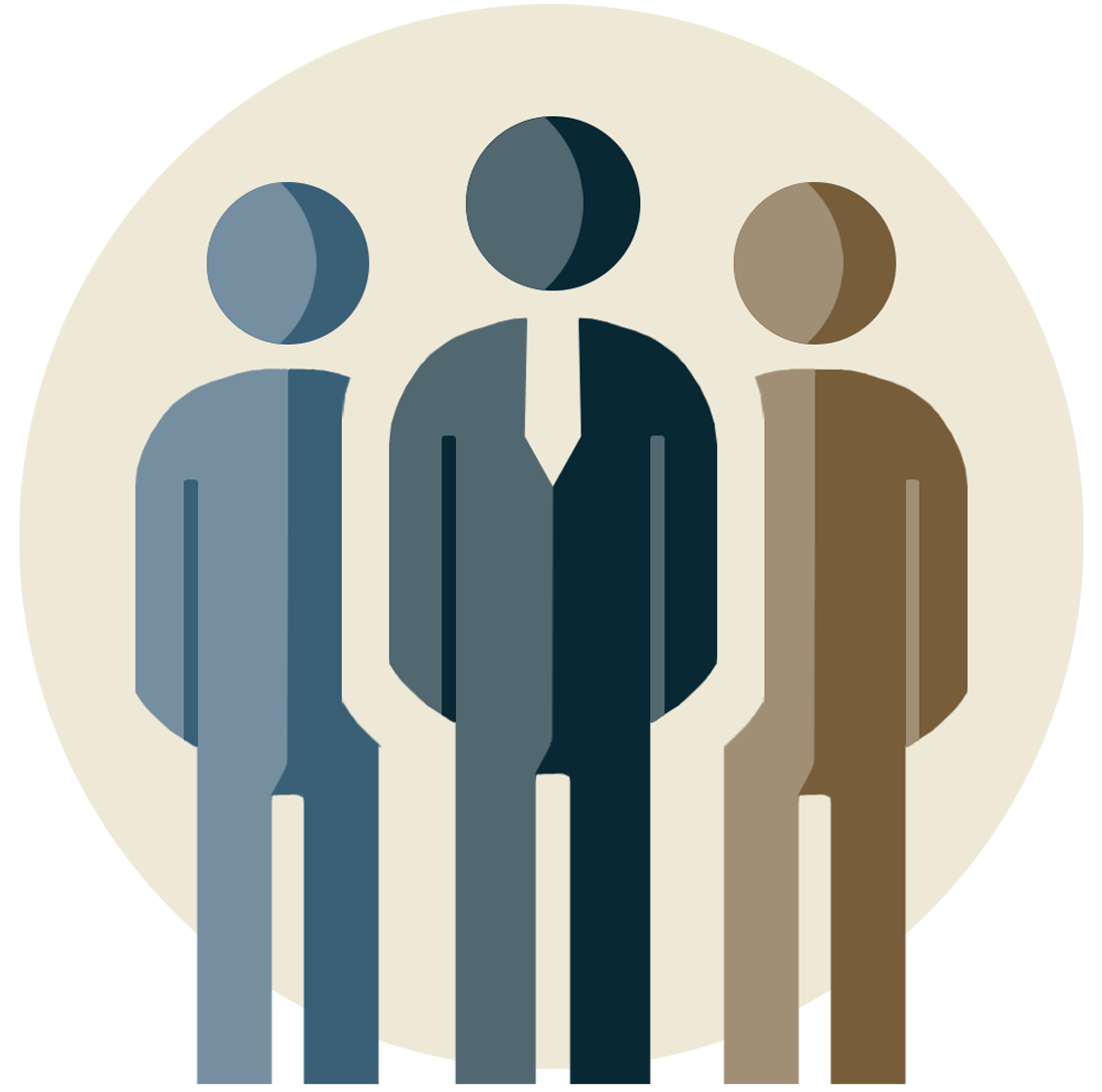 Abstract illustration of three stylized people figures in blue, dark gray, and brown.
