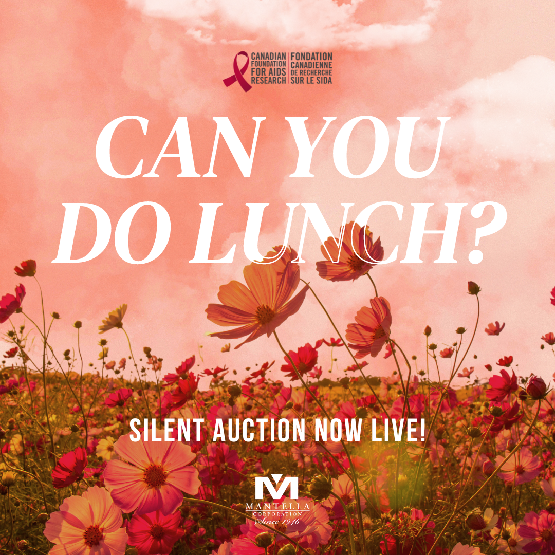A field of pink and red flowers under a pink sky with clouds. Overlaid text asks 'Can you do lunch?' and announces a silent auction by Mantella Corporation.