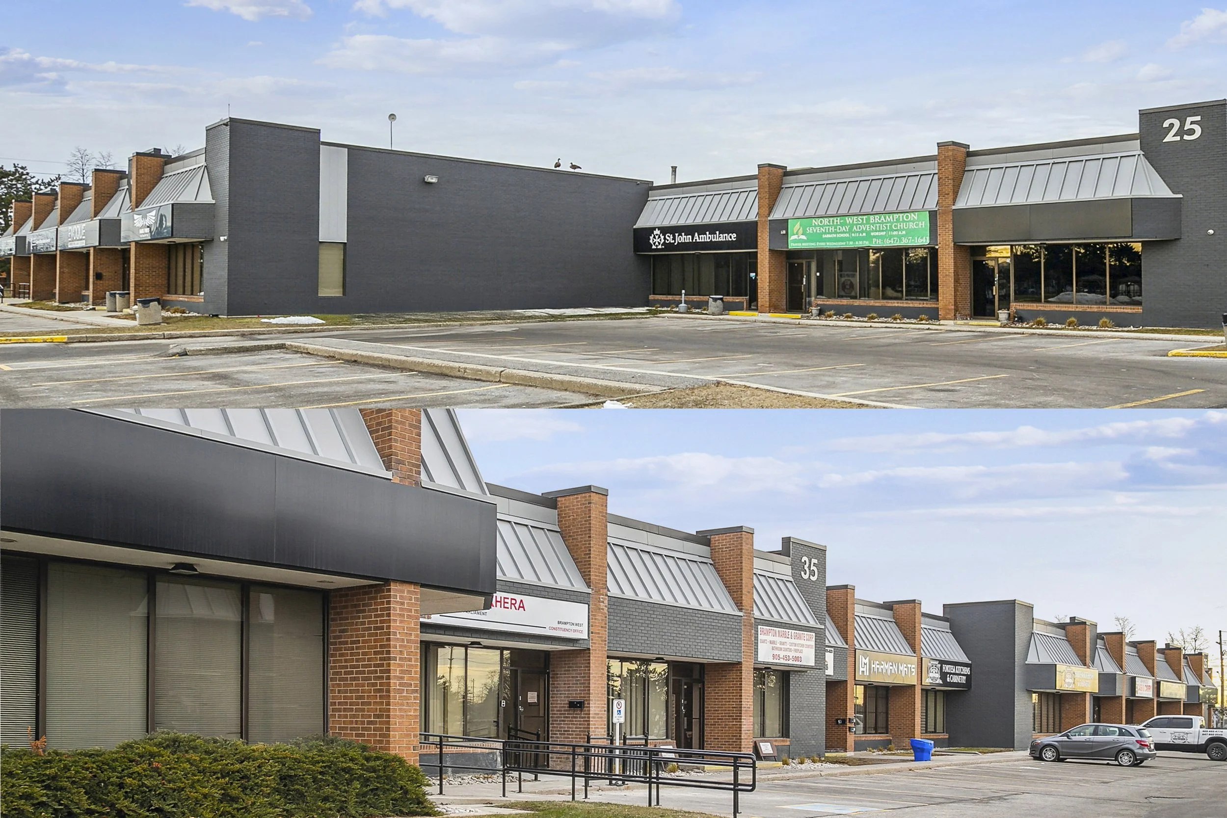 Commercial strip mall with stores, parking lot, and signage, including a hospital ambulance sign and a church sign, under a partly cloudy sky.