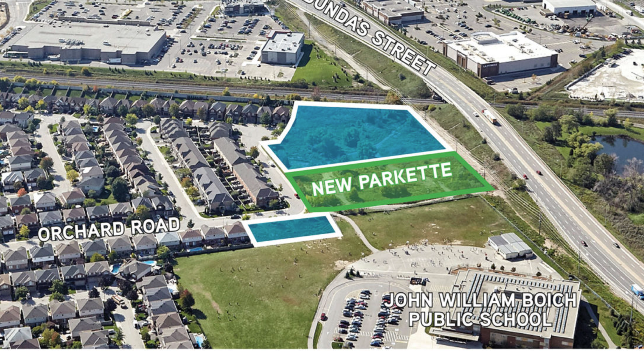 Aerial view of a neighborhood with labeled streets and parcels, including Orchard Road, Longdas Street, and a new parkette near John William Boich Public School.