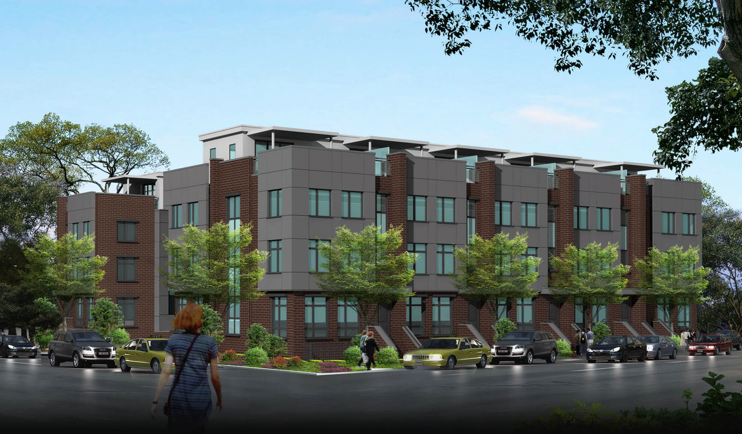 Rendering of a modern multi-story residential building with brick and gray exterior, surrounded by trees, cars parked in front, and several people walking nearby.