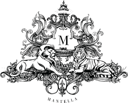 Ornate black and white crest with floral and symmetrical design, featuring a shield, crown, and the words 'NANTELLA' at the bottom.