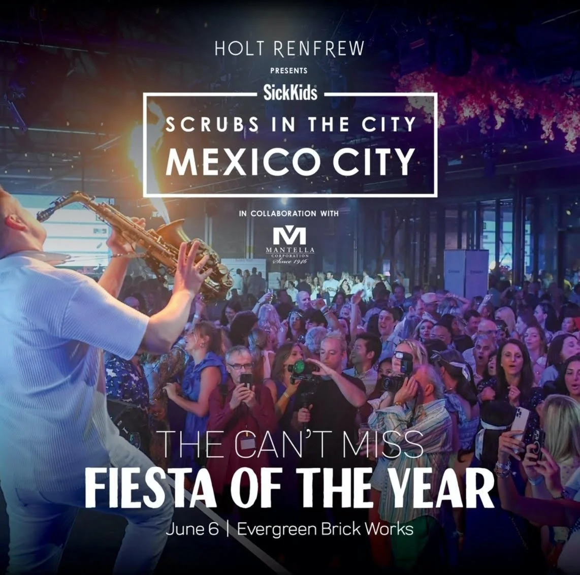 Promotional poster for an event featuring a crowded indoor party with a saxophone player on stage. The event is called 'Scrubs in the City Mexico City,' scheduled for June 6 at Evergreen Brick Works, in collaboration with Mantella Corporation.