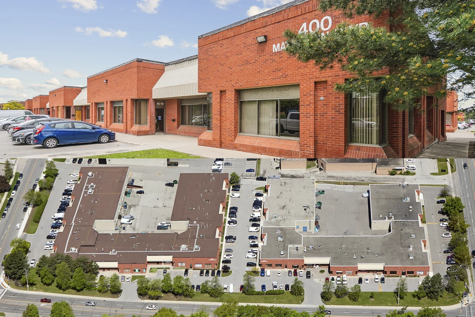 Aerial view of a commercial building with a brick facade, parking lot, and a tree in foreground.