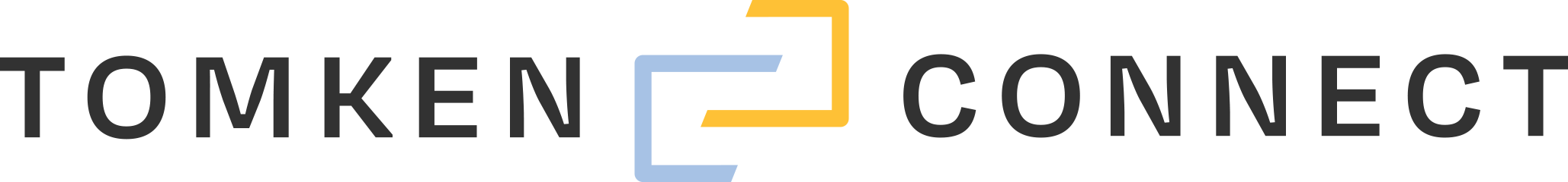 Tomken Connect logo with black text, blue and yellow square outline design.