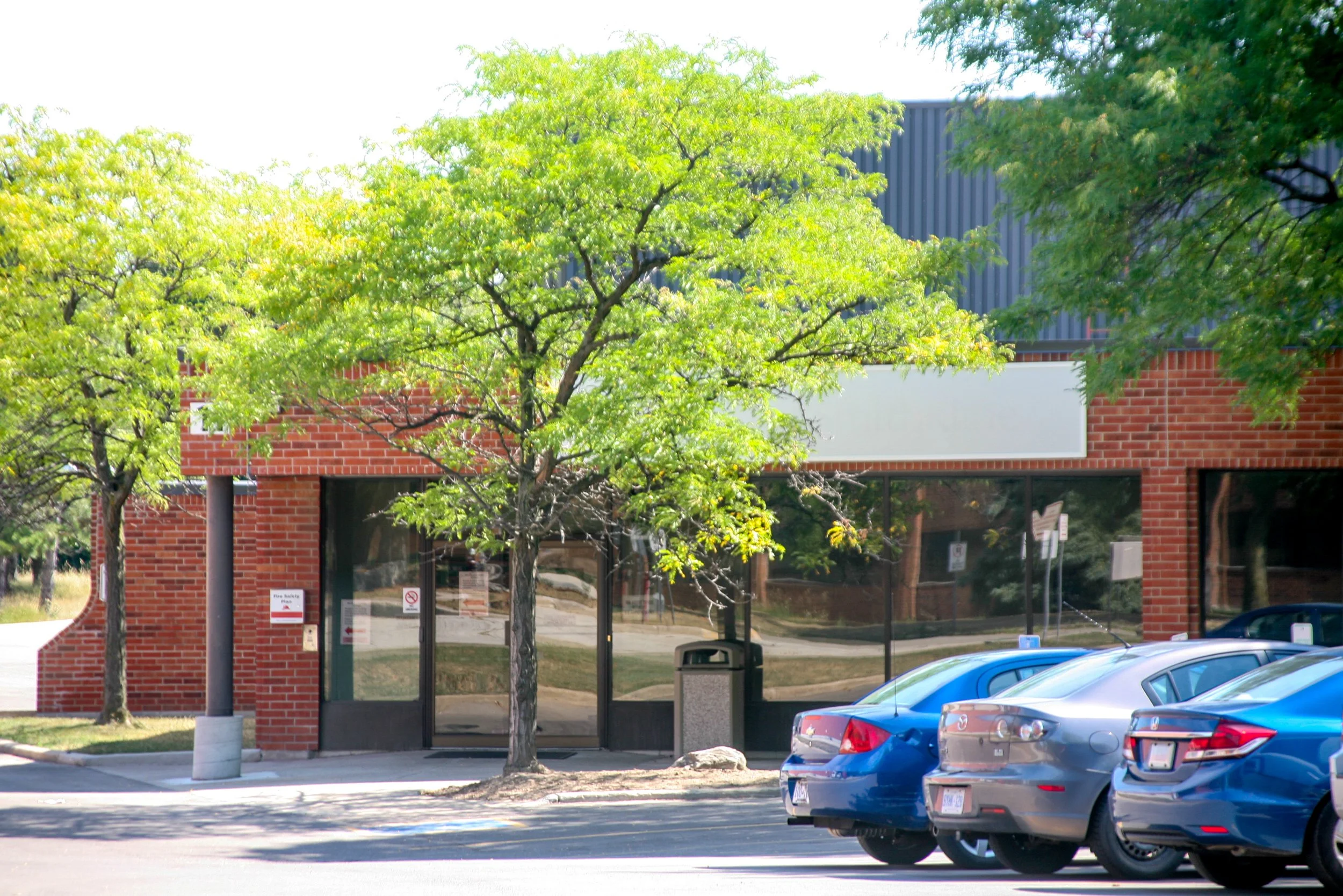 A storefront with large glass windows and a brick frame, located in a parking lot with several parked cars and green trees in front.