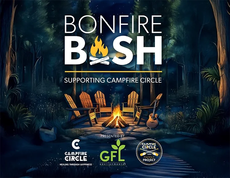An illustrated dark forest scene with a campfire surrounded by Adirondack chairs, a guitar, and a lantern. Text overlays read "Bonfire Bash," "Supporting Campfire Circle," and logos at the bottom for Campfire Circle, GFL Environmental, and Campfire Circle Paddle Project.