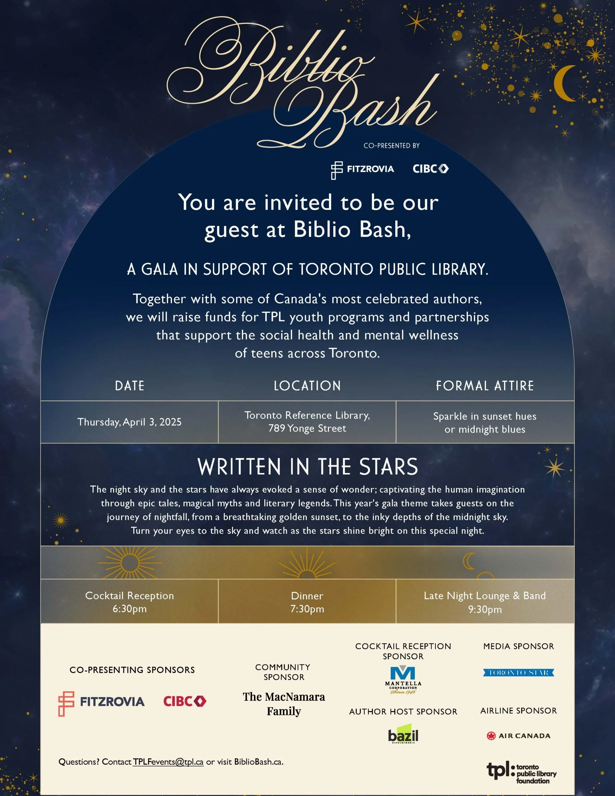 Invitation to Biblio Bash, a gala supporting the Toronto Public Library, with details about event date, location at Toronto Reference Library, and evening activities including cocktail reception at 6:30 pm, dinner at 7:30 pm, and late night lounge at 9:30 pm. The invitation features a starry night sky with gold and blue accents and logos of sponsors and organizers.