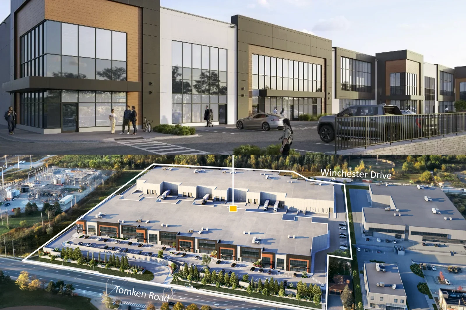two images showing a commercial building and a parking lot, with a map view of the property on Tomken Road, Winchester Drive, and surrounding area.