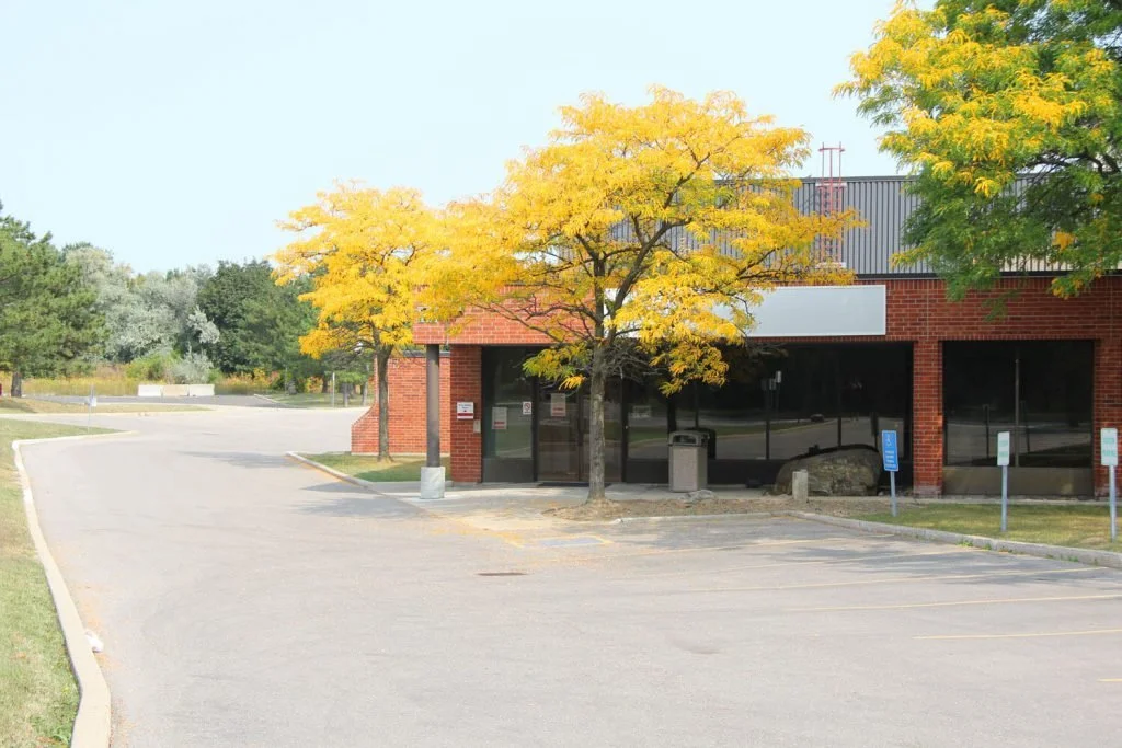 Empty parking lot in front of a brick building with four trees with yellow leaves.