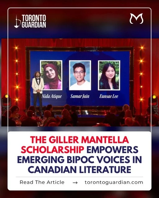 Toronto Guardian stage with a large screen displaying photos of three individuals, Nida Atique, Samar Jain, and Eunsee Lee, with a host standing to the left. Banner says 'The Giller Mantella Scholarship empowers emerging BIPOC voices in Canadian literature,' with a prompt to read the article at torontoguardian.com.