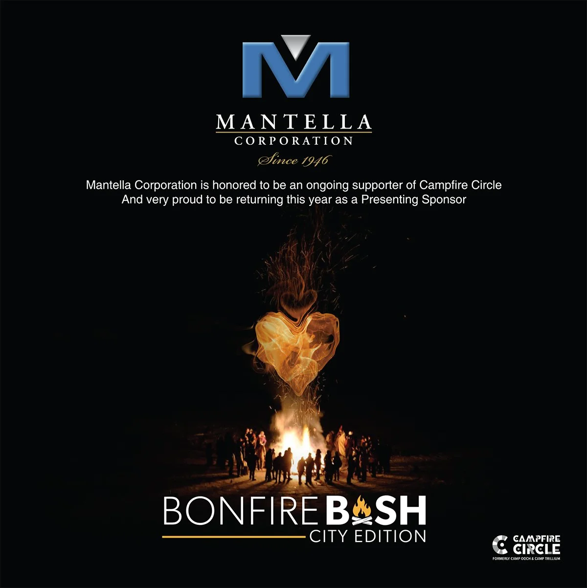 A promotional poster for Bonfire Bash, City Edition, hosted by Campfire Circle. It features a group of people gathered around a bonfire at night, with a large heart-shaped fire symbol above them. The poster includes logos of Mantella Corporation and Campfire Circle, with text indicating Mantella Corporation as a supporter and sponsor of the event.