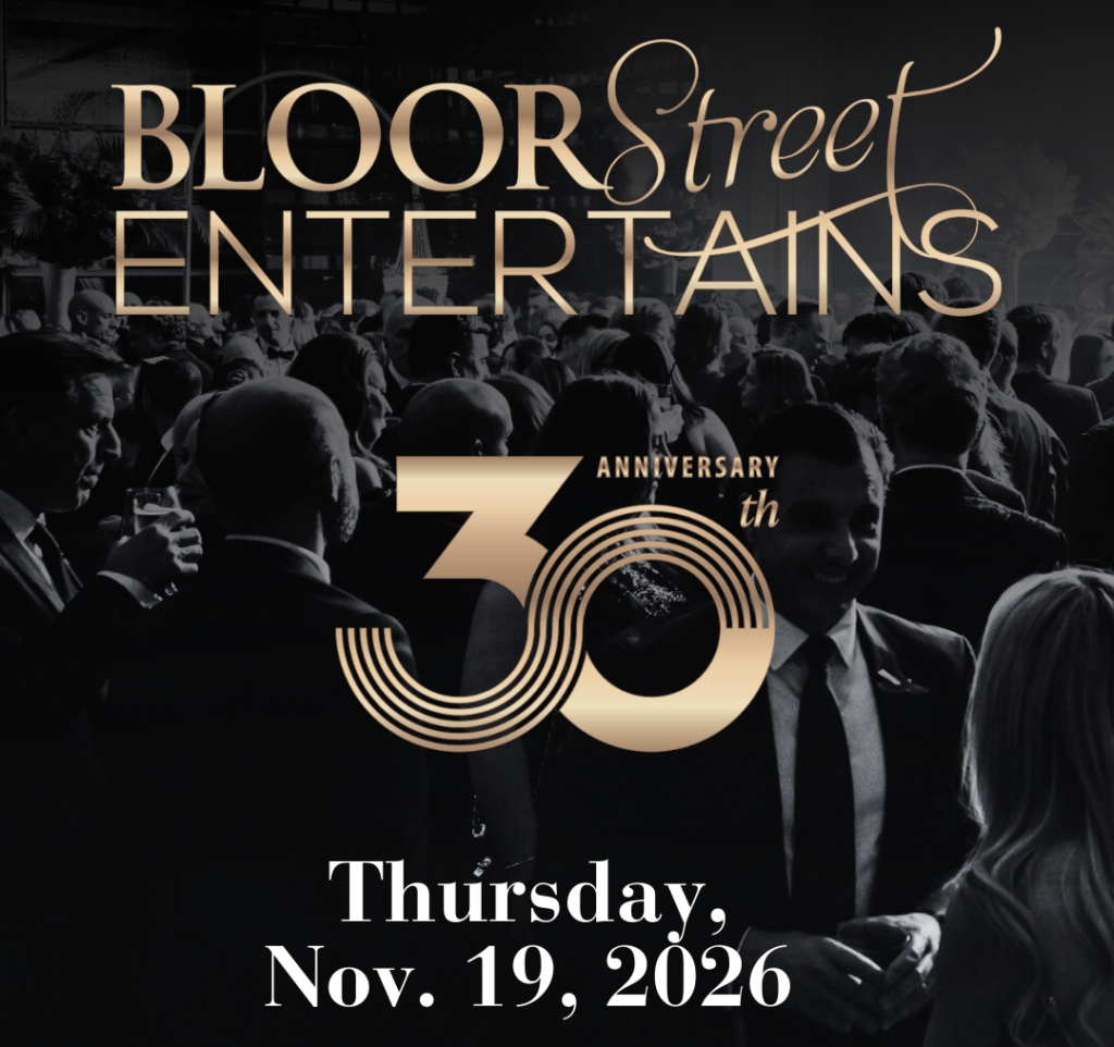 Black and white photo of a crowd of people at a Bloor Street event celebrating the 30th anniversary on November 19, 2026, with overlay text.