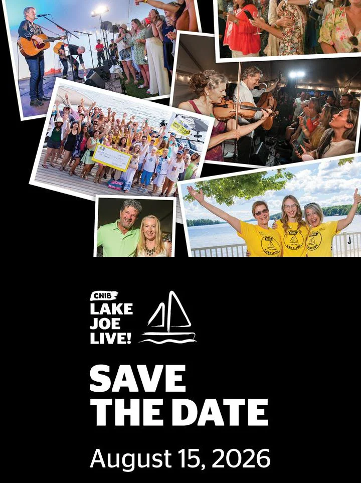 Collage of photos from Lake Joe Live with musicians performing, people enjoying the event, a group on a dock, and three women in yellow shirts smiling by the water, with a black section containing event details including date and logo.