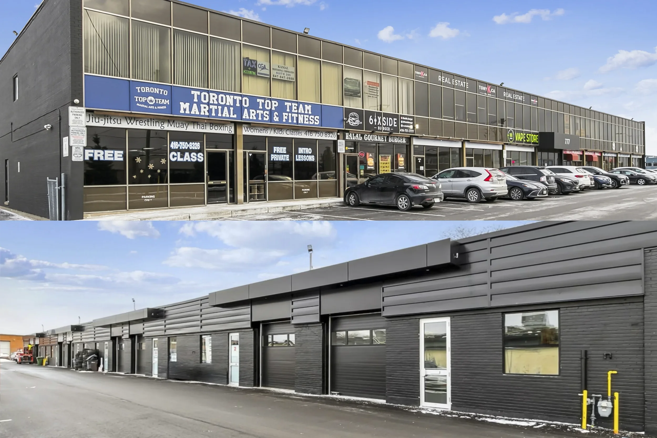 Two images of commercial buildings side by side. The first building features signs for martial arts, real estate, and a burger shop, with a parking lot in front. The second building has a black exterior with large windows and appears to be under construction or renovation, with some tools and equipment visible outside.