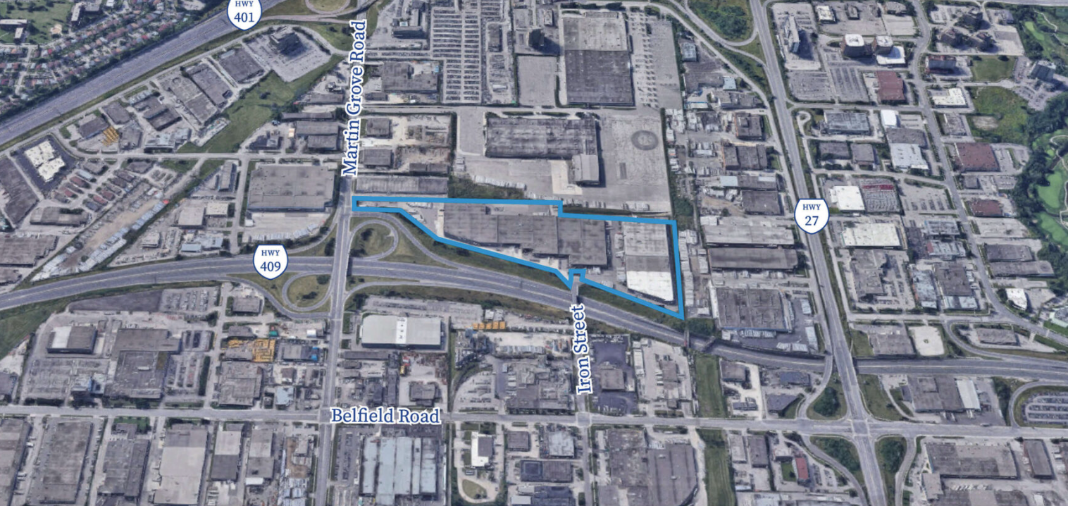Satellite map showing a urban area with streets and highways, including Martin Grove Road, Beltfield Road, Iron Street, and the Hwy 27 and Hwy 409 intersections. A blue outline marks a specific route or area.