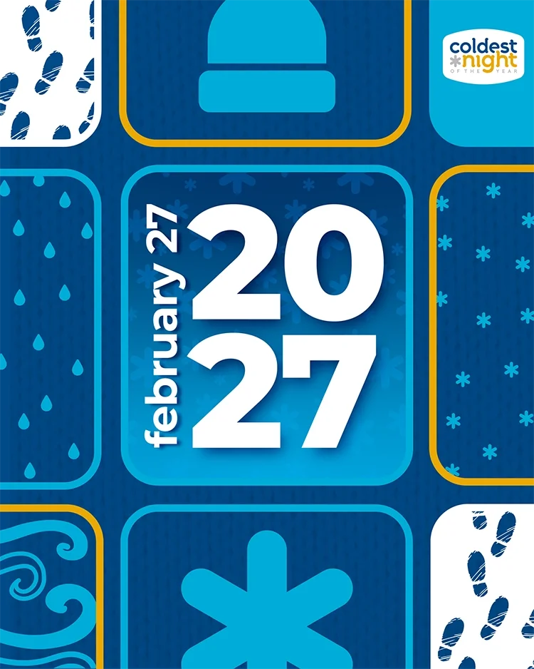 A digital calendar displaying the dates February 27 and 2027, with winter-themed background patterns and a logo in the top right corner that reads "coldest night of the year."