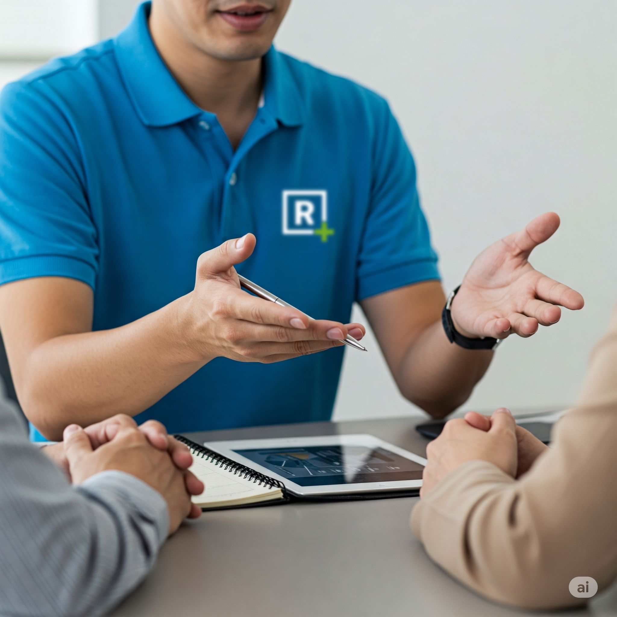 Eine Person erklärt etwas bei einem Meeting, sitzend mit zwei weiteren Personen, auf einem Tisch mit einem Tablet, einem Notizbuch und einem Smartphone.