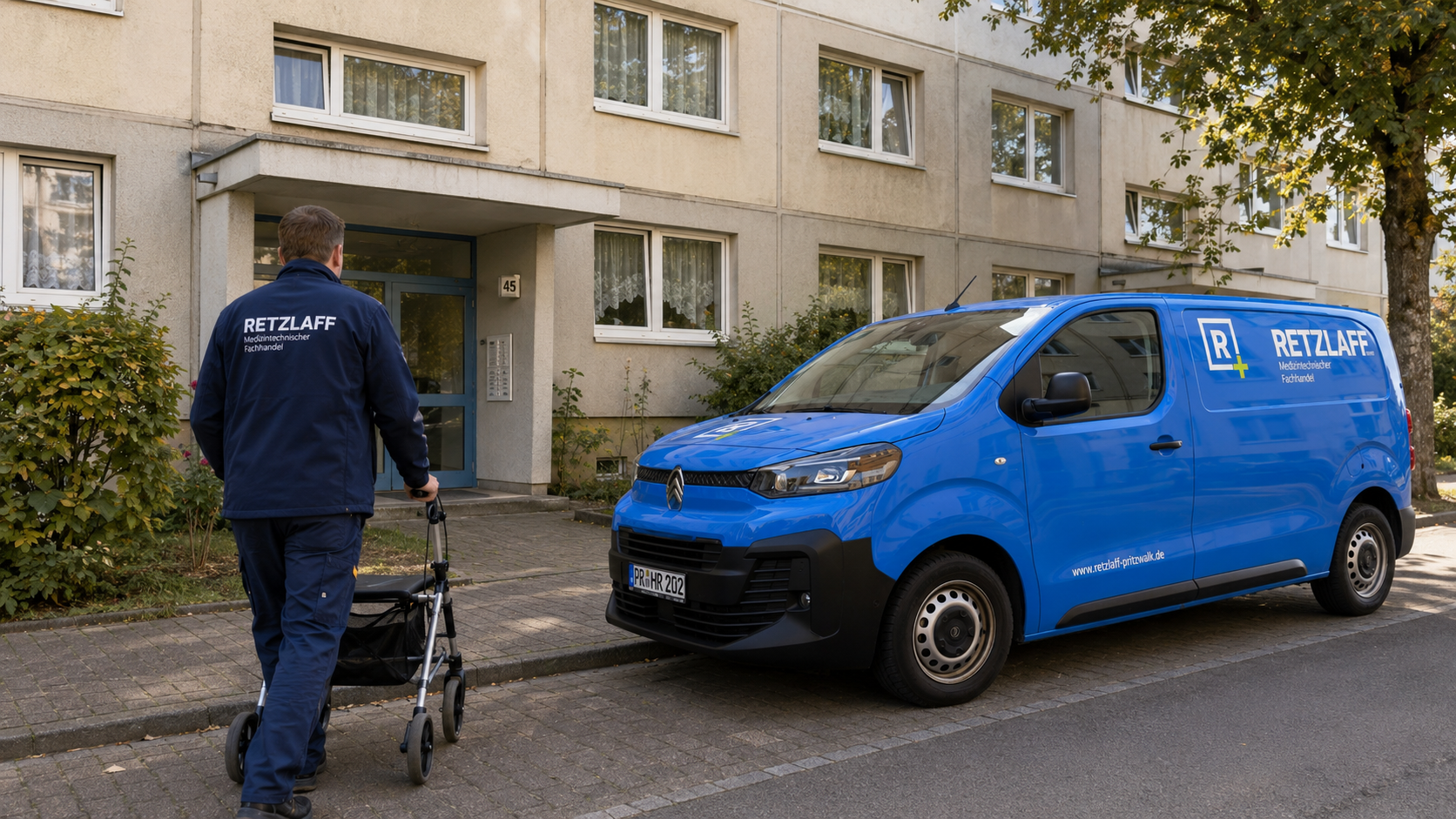 Mitarbeiter von Retzlaff mit Rollator vor Wohngebäude, blauer Firmenwagen geparkt vor dem Haus, Baum rechts im Bild, Mehrfamilienhaus mit mehreren Fenstern im Hintergrund.