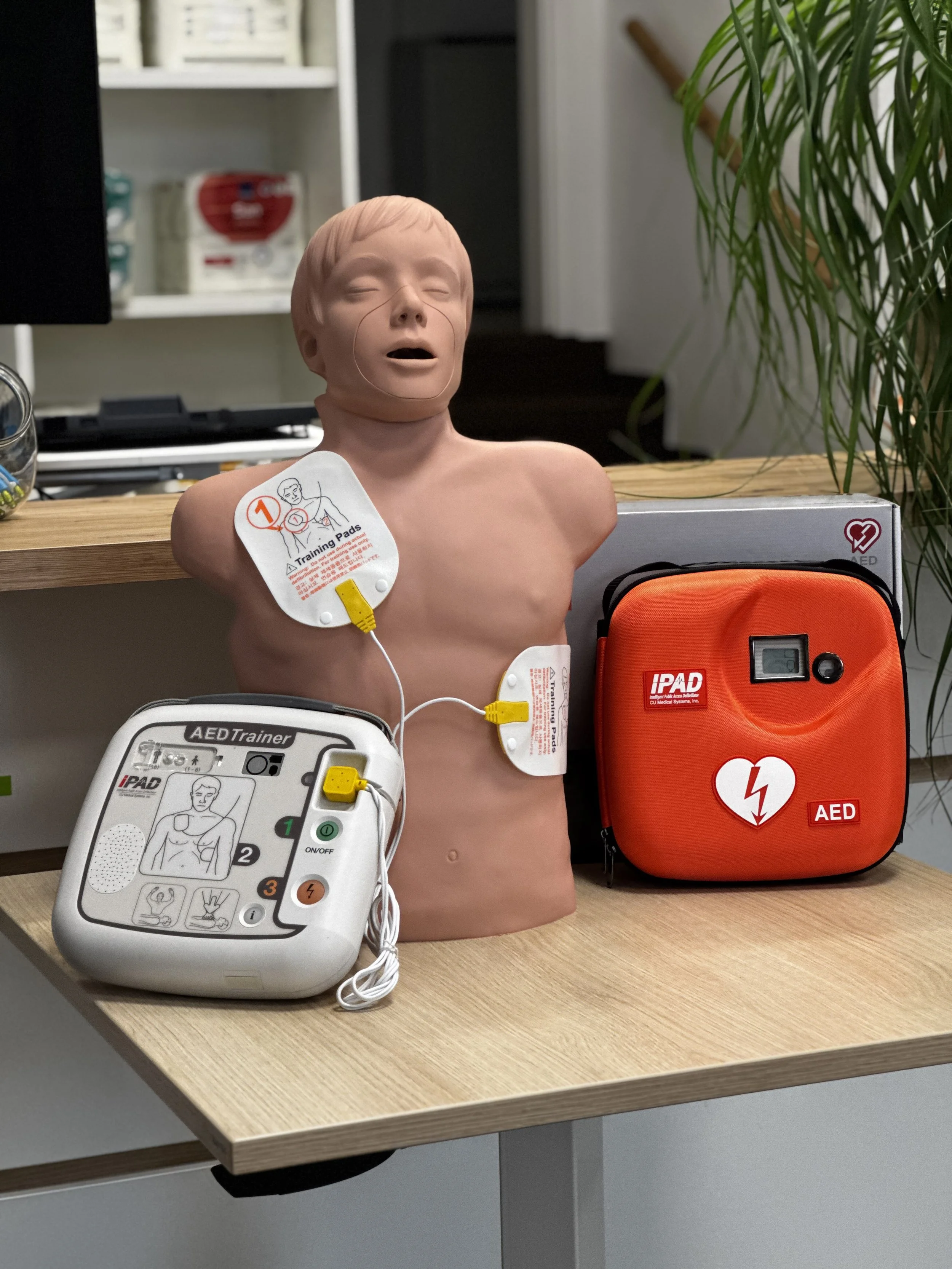 Training Dummy mit AED-Trainingsgerät und AED-Transporttasche auf einem Tisch in einem Schulungsraum.