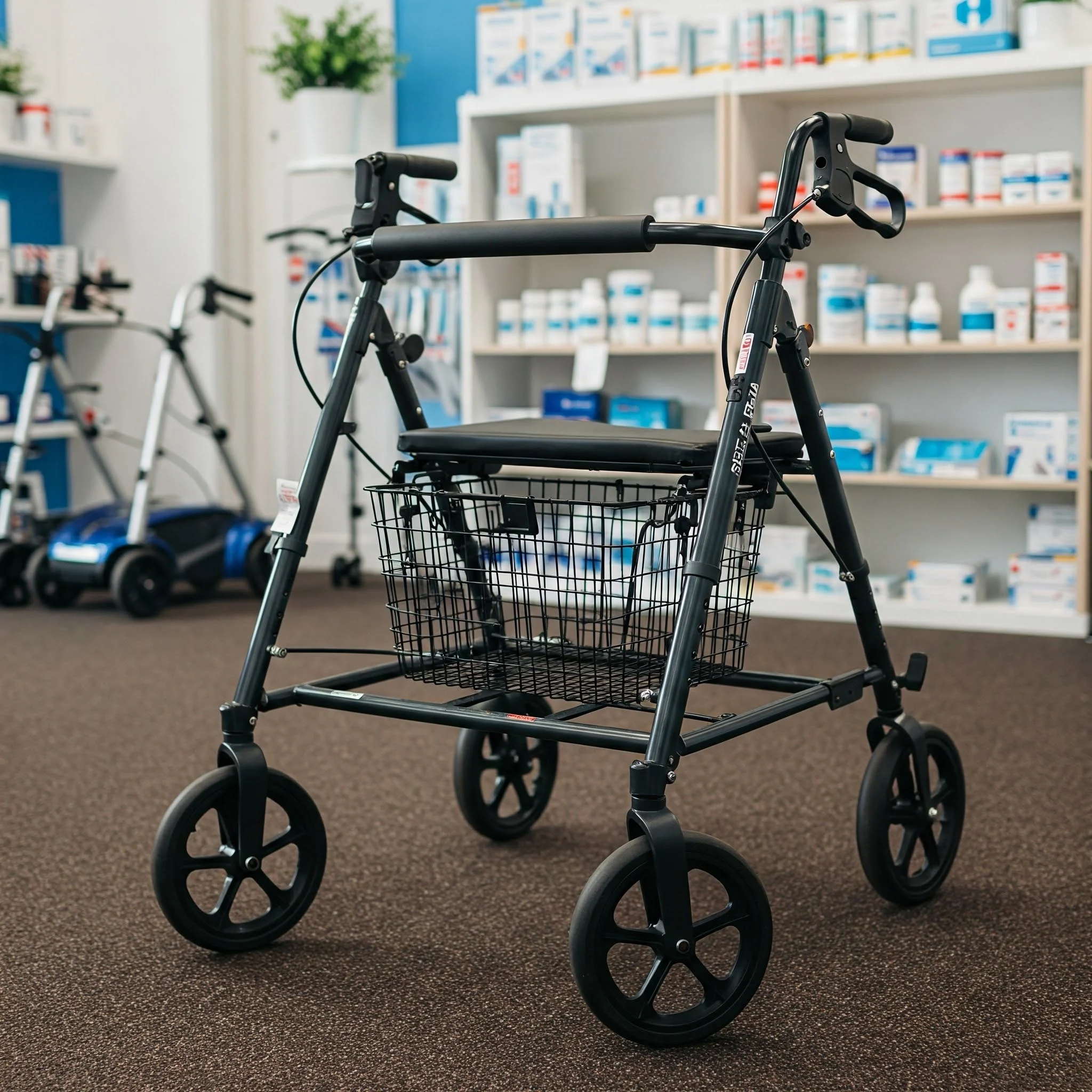 Rollator mit Korb in einer Apotheke oder Sanitätshaus.