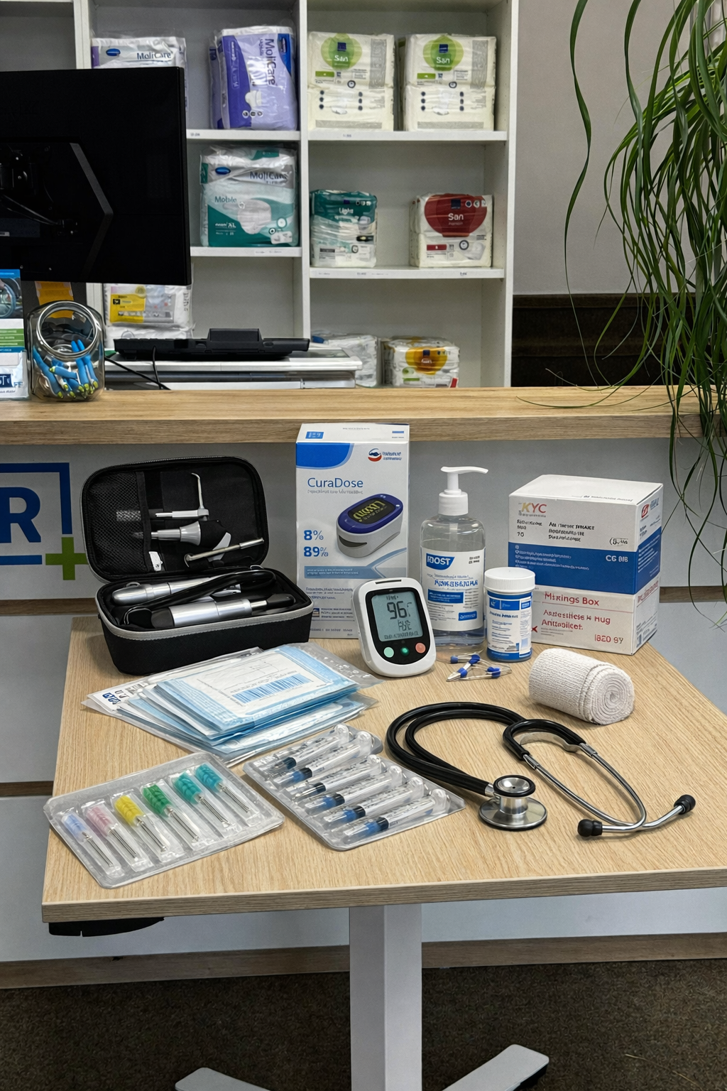 Medizinische Geräte und Medikamente auf einem Tisch im Arztbüro, darunter Blutdruckmessgerät, Stethoskop, Teststreifen, Desinfektionsmittel, Masken, Handschuhe, und ein Blutzuckermessgerät.