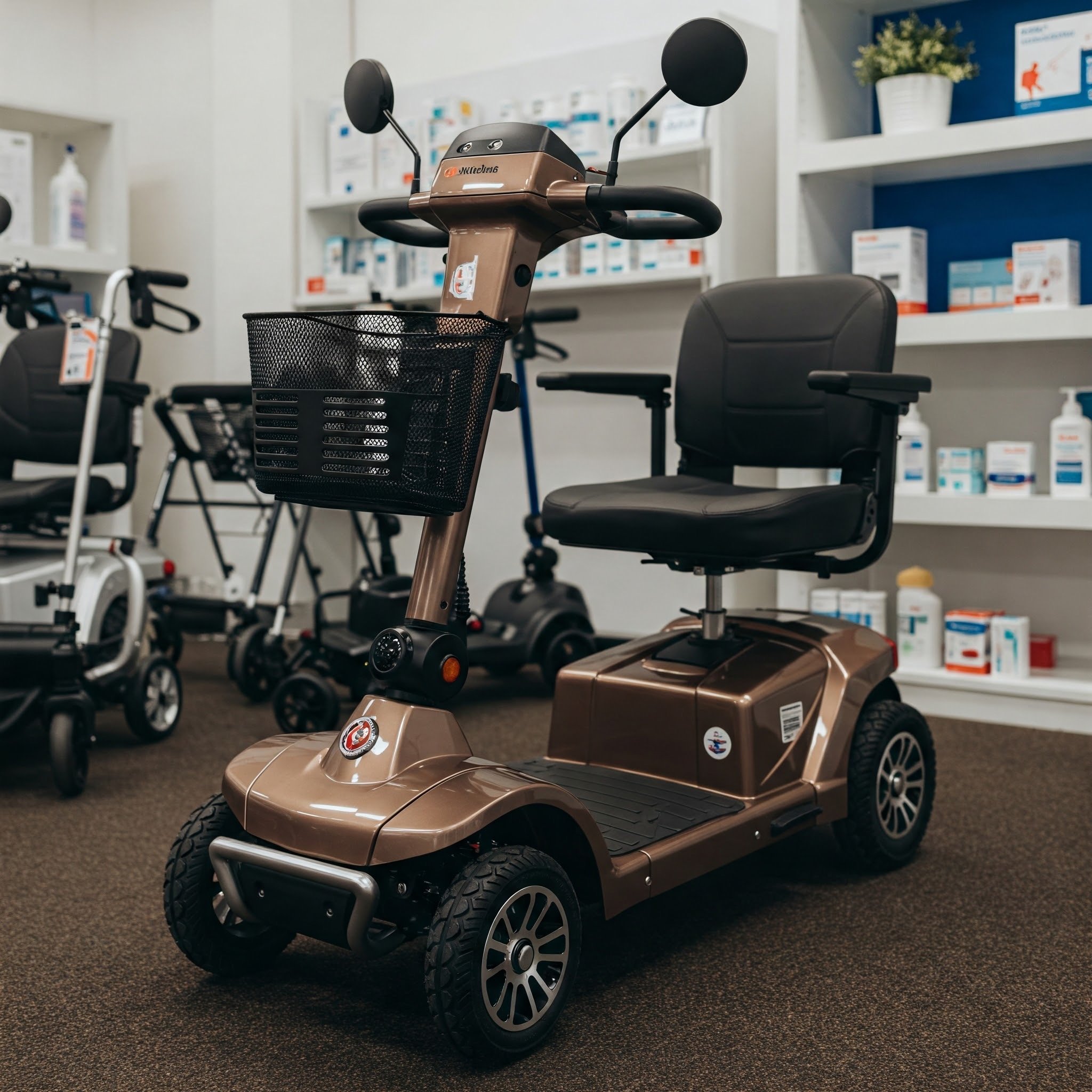 Ein elektrischer Rollator in der Farbe Bronze, mit einem Korb, befindet sich im medizinischen Fachhandel. Im Hintergrund sind weitere Rollatoren und Medikamente auf den Regalen sichtbar.