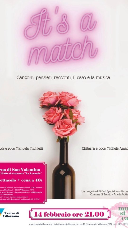Per San Valentino ♥๏ธ il @teatro_di_villazzano organizza una cosa carina.
Per volesse cena e poi spettacolo e musica. Oppure solo spettacolo e musica. Di quella che avvicina le anime sole che sperano di incontrarsi e poter dire It's a match!