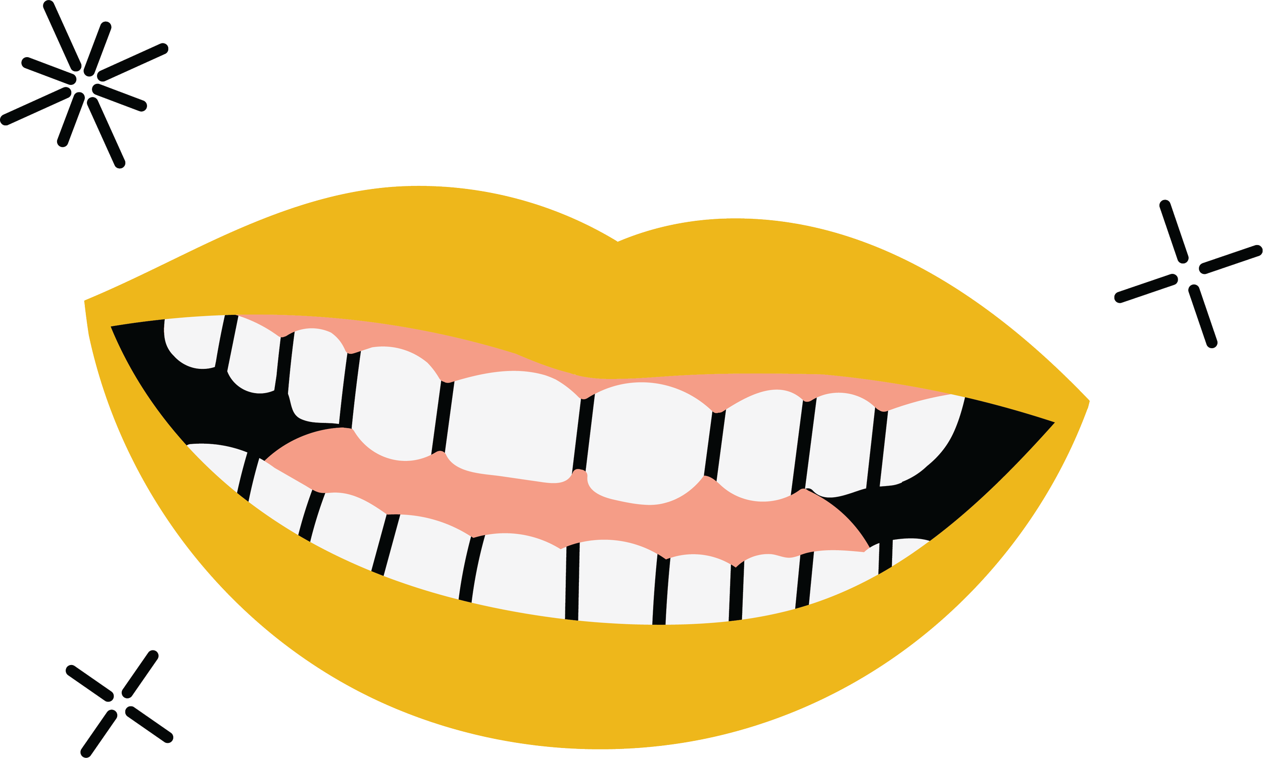 Illustrated smiling mouth with white teeth and yellow lips, surrounded by abstract stars.