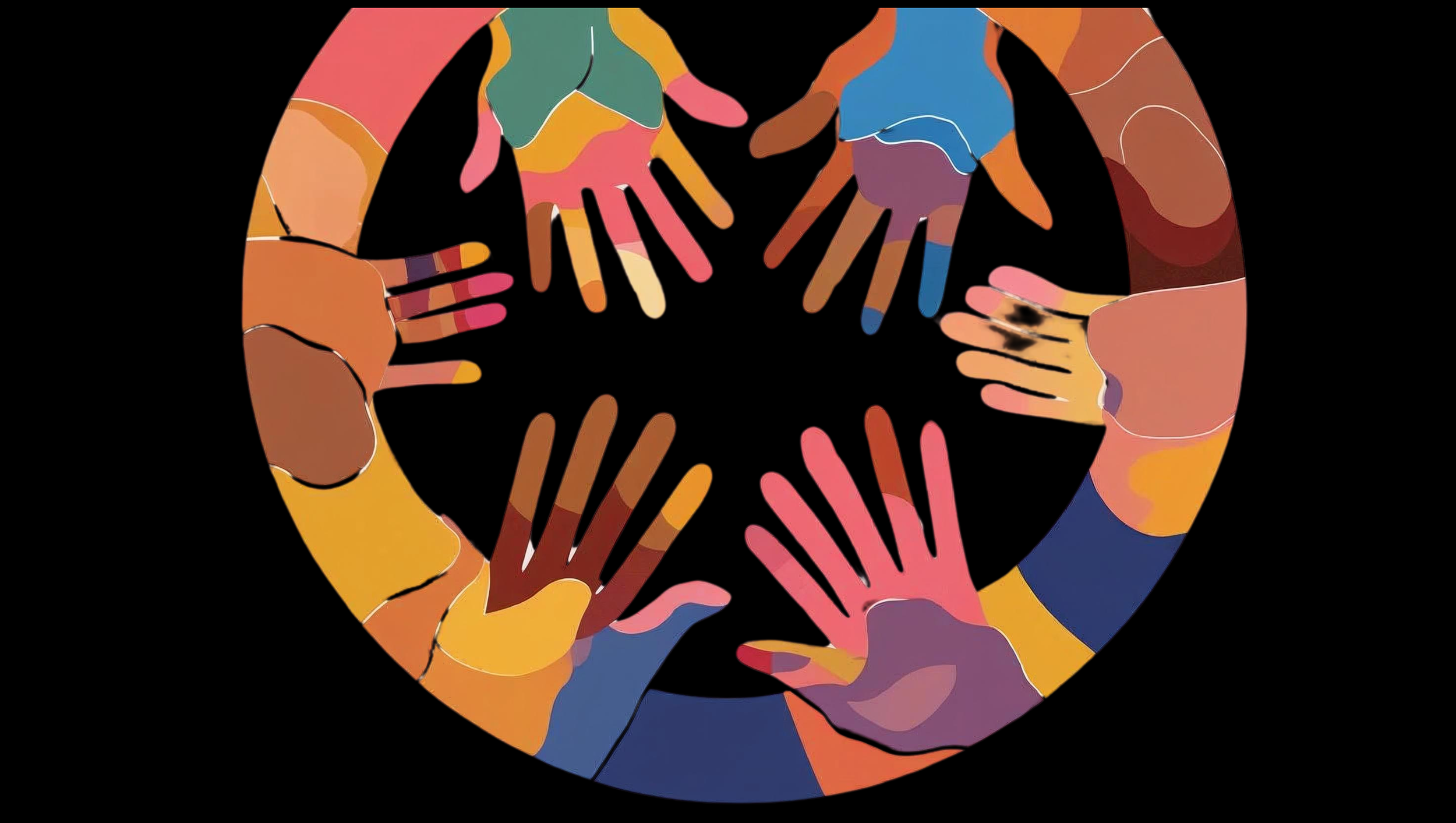 Illustration of multiple colorful hands forming a circle against a black background.