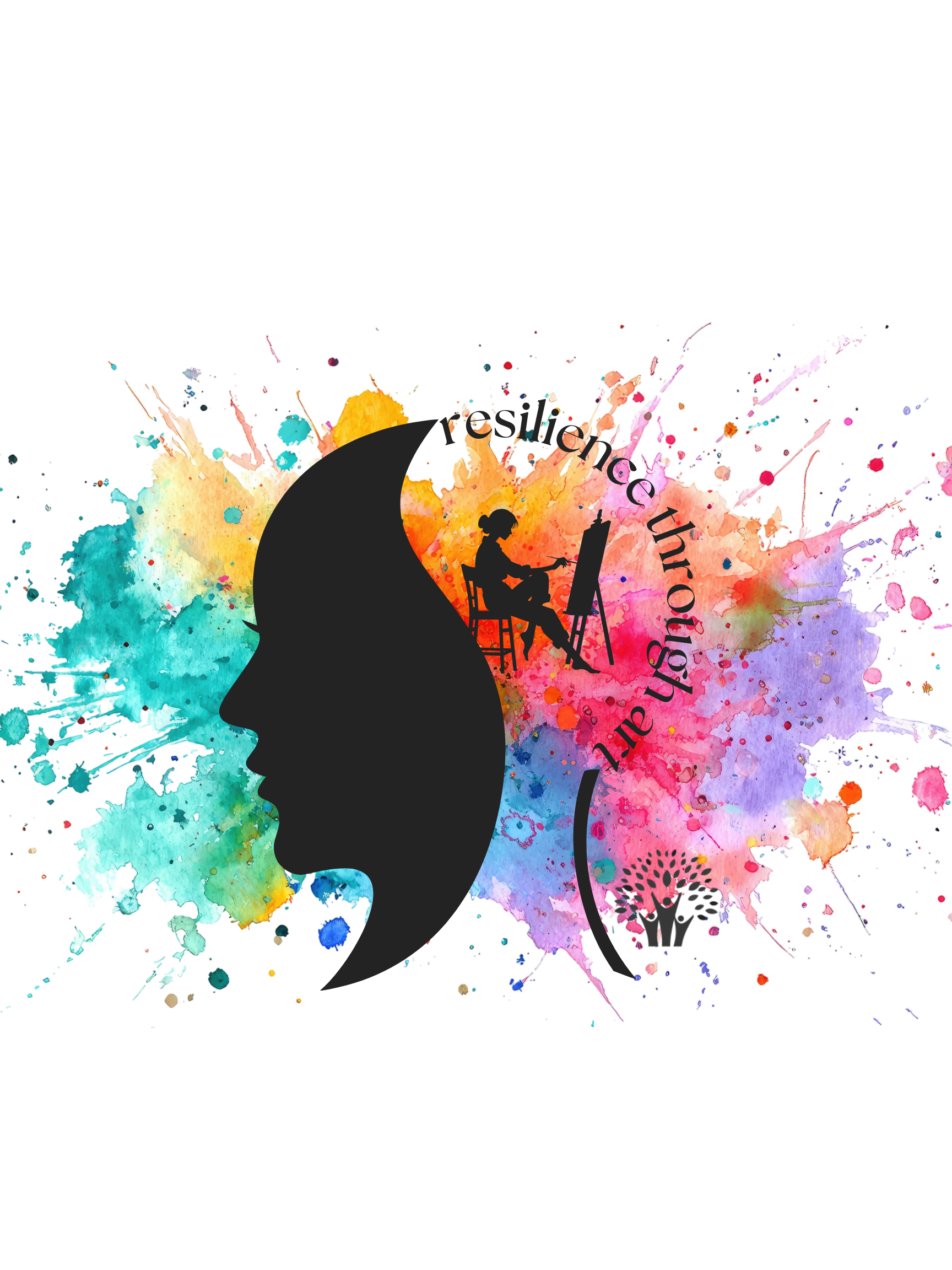 A depiction of half a face with an artist sitting in a chair painting as the right side. "Resilience Through Art: Recovery Art Show" text completes the circle. The image sits on a multicolor paint splatter.