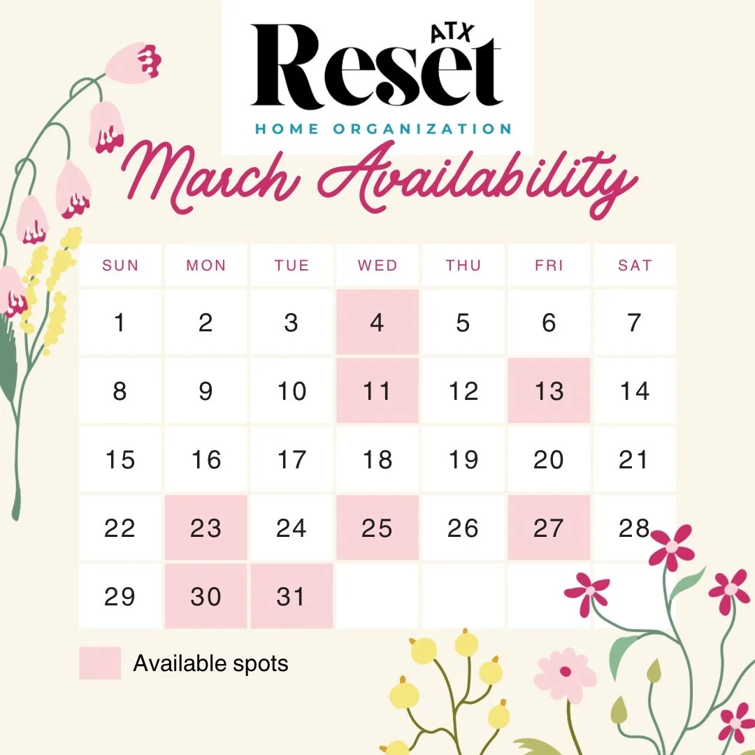 March Madness! Limited chances to book a Reset in March (whether it be decluttering, organizing, or packing/unpacking) because life is life-ing. 
Reach out to get your Spring Cleaning Reset! #austinorganizer #affordableorganization #sosatisfying #hom