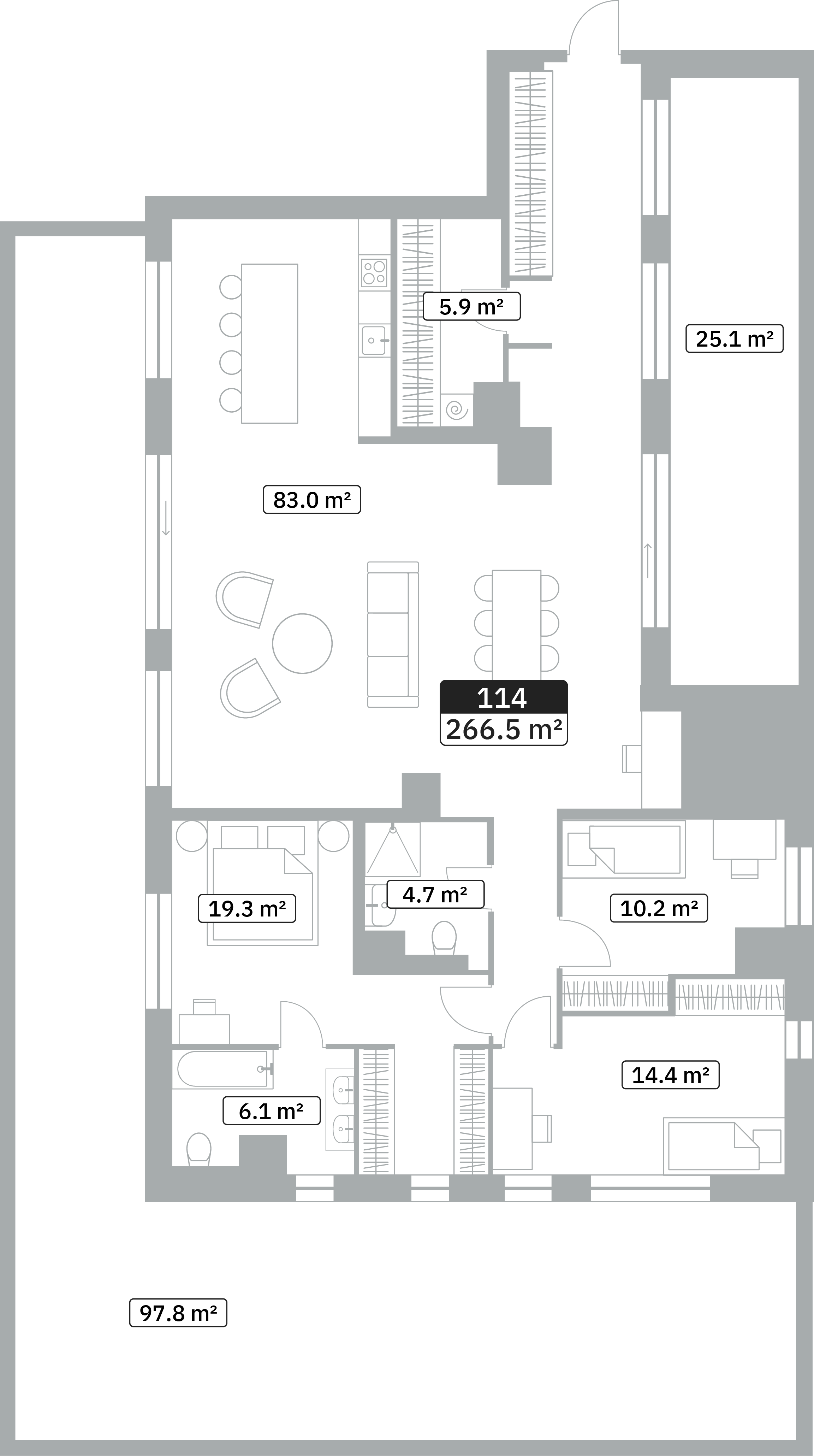 Floor plan of an apartment showing various rooms with their respective sizes in square meters, including a living room, bedrooms, bathrooms, kitchen, and hallway.