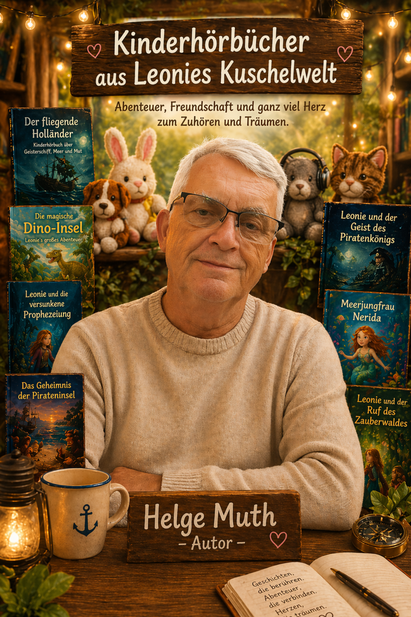 Der Autor sitzend an einem Tisch mit einem Holzschild Helge Muth, umgeben von Kinderbüchern und Puppen, in einer gemütlichen, von Lichterketten beleuchteten Umgebung.