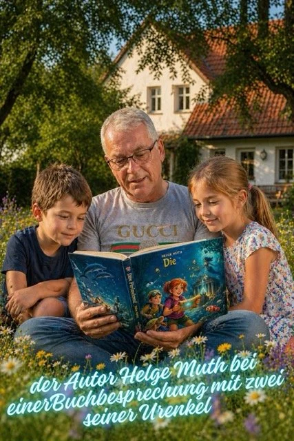 Ein älterer Mann liest mit zwei Kindern ein Buch im Garten, umgeben von Blumen, mit einem Haus im Hintergrund.