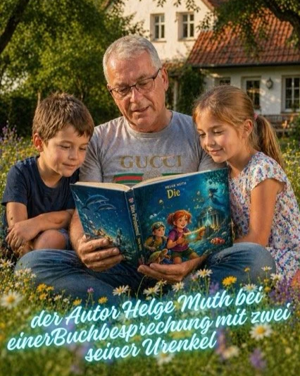 Ein älterer Mann liest ein Buch mit zwei Kindern im Garten, umgeben von Blumen, bei Sonnenschein.