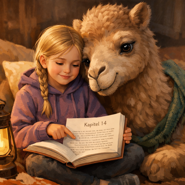 Ein junges Mädchen mit blonden Zöpfen liest ein Buch mit Kapitelüberschrift 'Kapitel 14', neben einem freundlichen, anthropomorphen Lama in einer gemütlichen, warm beleuchteten Umgebung.