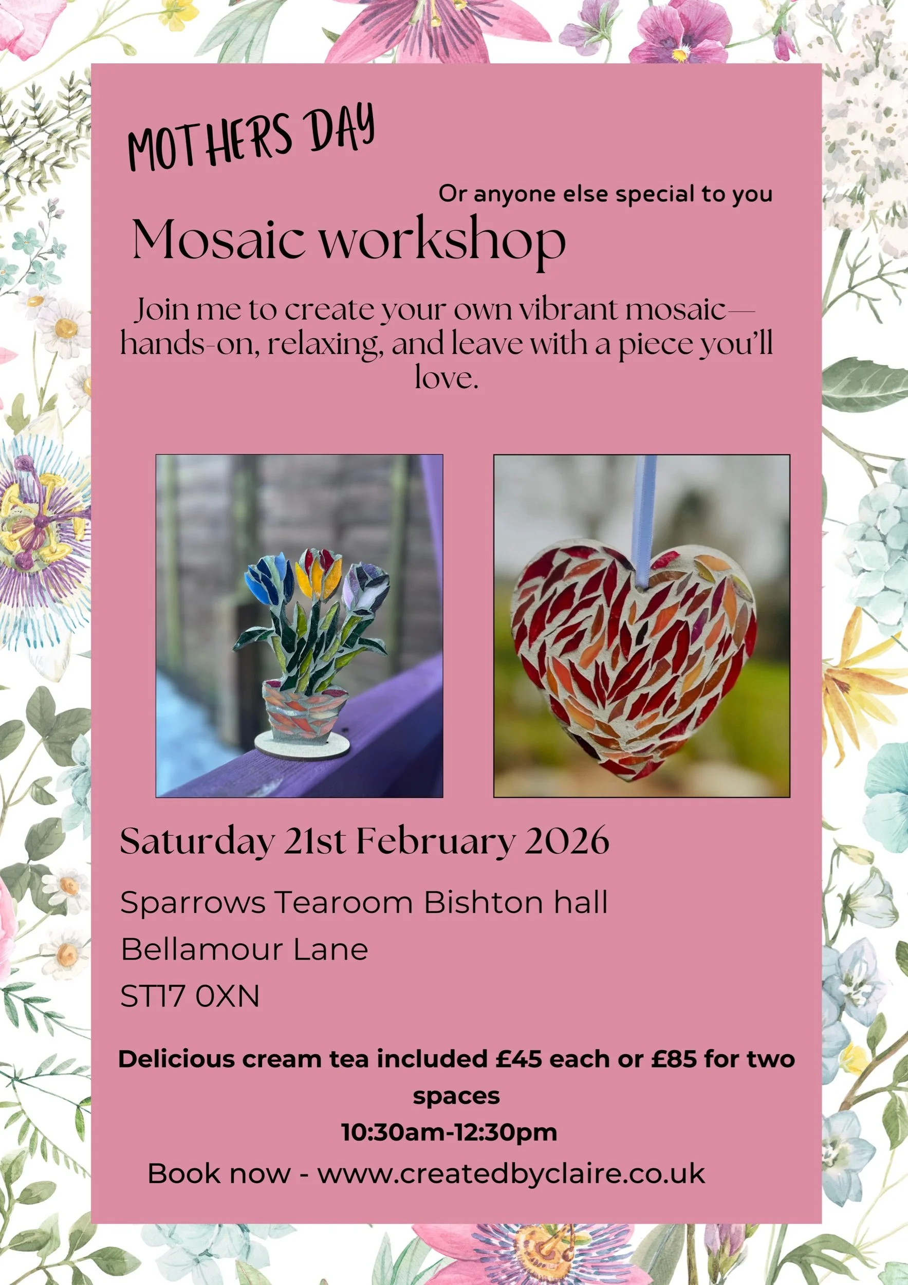 Mothers day ( or anyone special to you ) Mosaic workshop at Sparrows Tearoom Saturday  21st February 2026